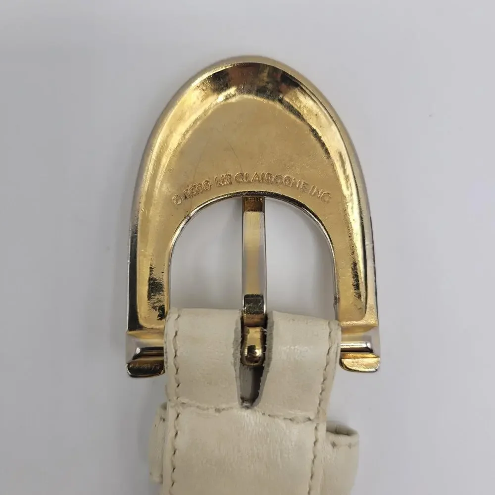 Vintage Liz Claiborne‎ Belt Large Cream Leather Gold Buckle Dress Classic 90s